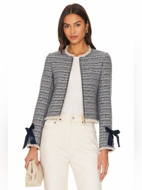Club Monaco Tweed Zip Jacket Navy Cream Fringe Bow Sleeve Blazer Size 4